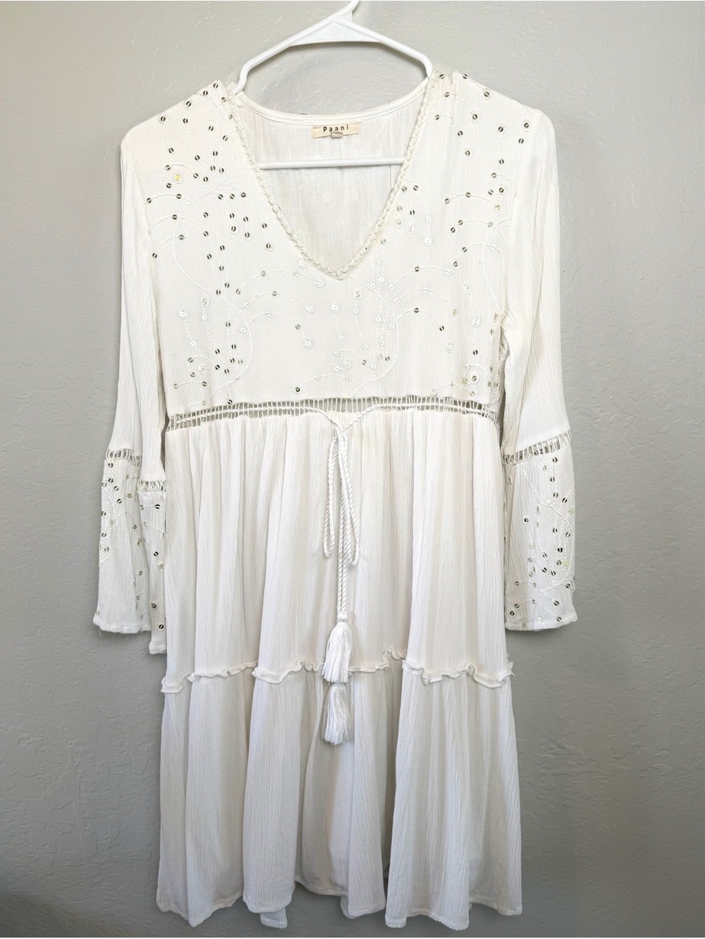 Paani White Tiered Sequin Bell Sleeve Mini Dress Size M